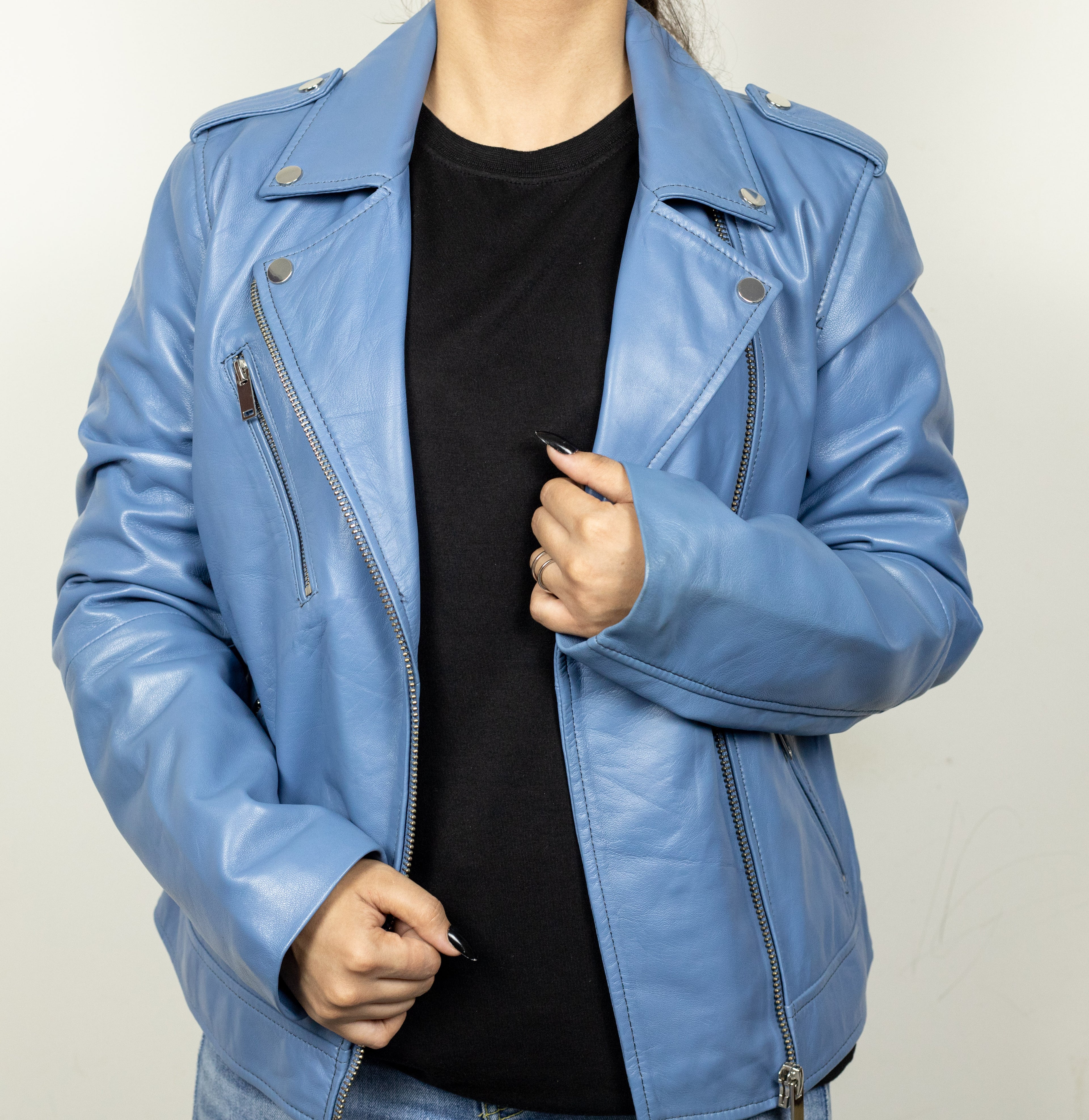 Cosima Women’s Sky Blue Leather Jacket