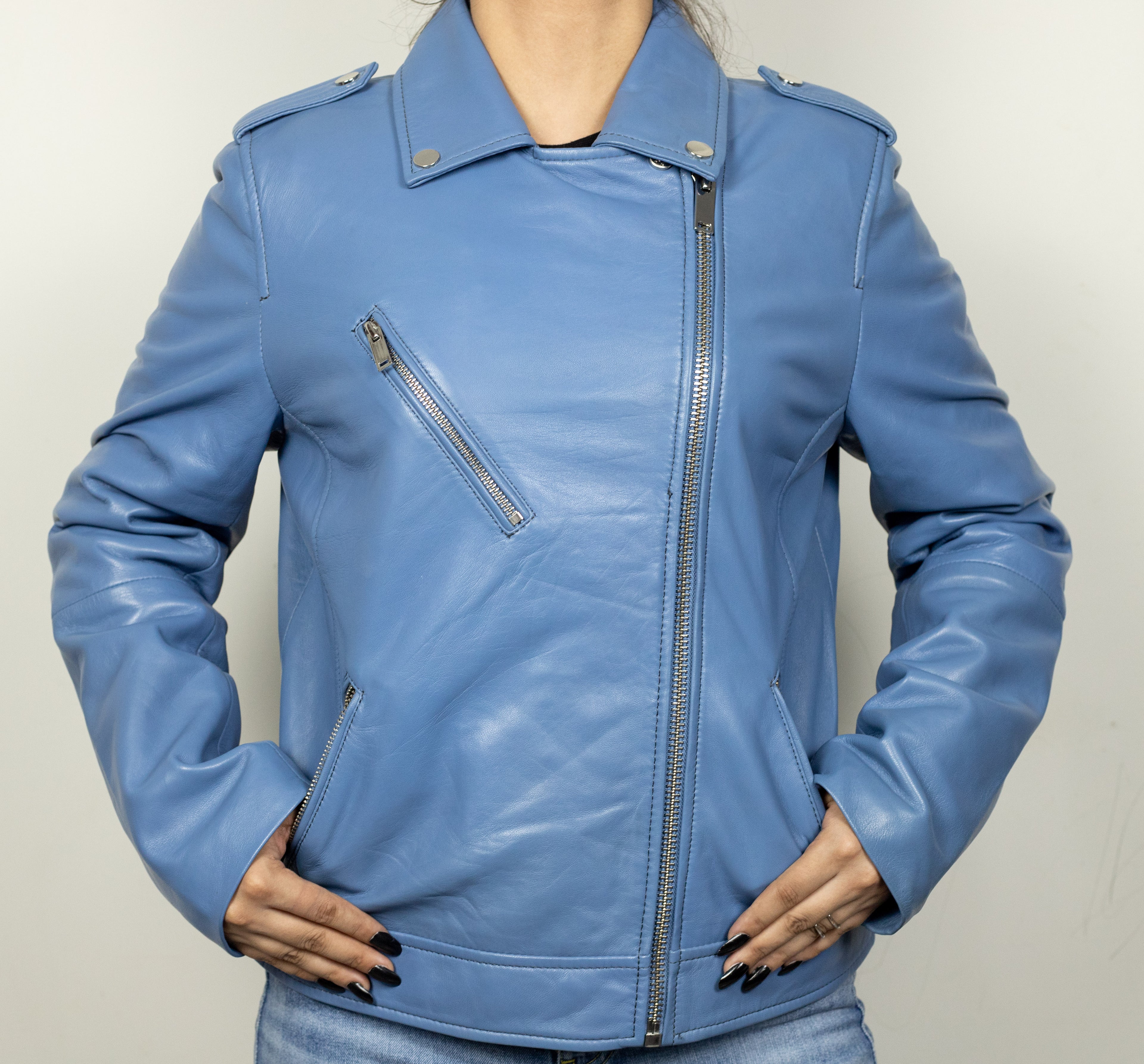 Cosima Women’s Sky Blue Leather Jacket