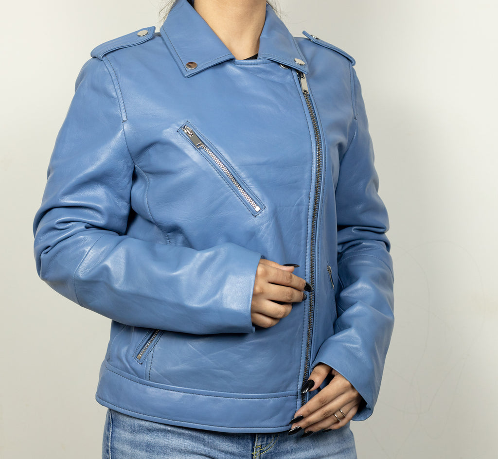 Cosima Women’s Sky Blue Leather Jacket