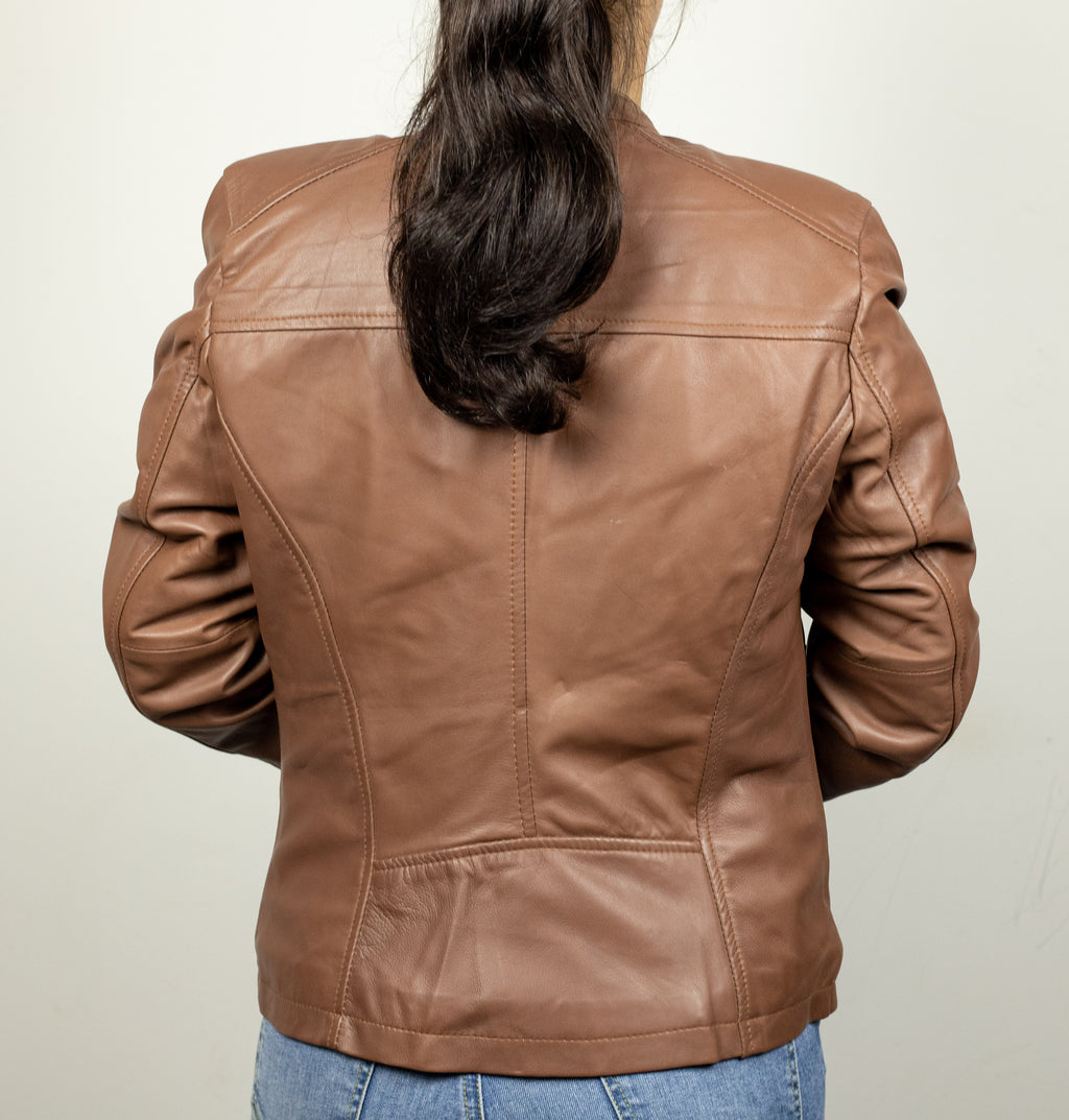 Women Cafe Racer Brown Leather Jacket